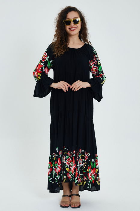 Rochie lunga Madonna neagra cu imprimeu floral, cu 4 volane, din vascoza [3]