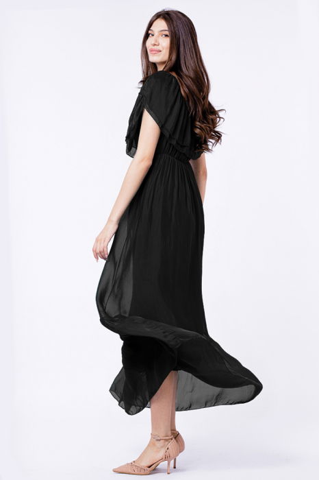 Rochie lunga, neagra, din matase si vascoza, cu volan pe umeri [2]