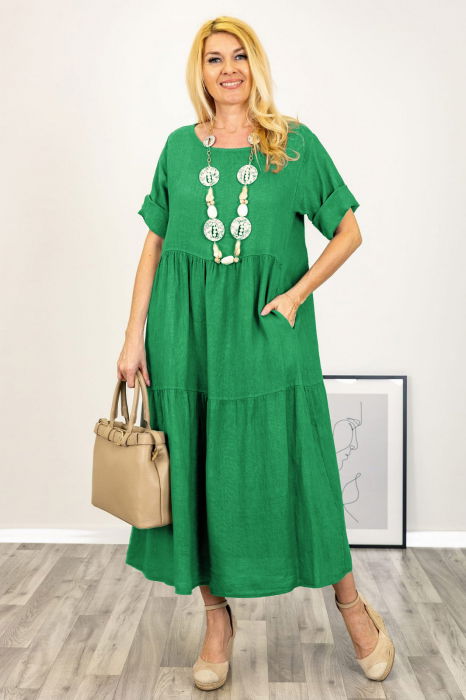 Rochie lunga oversize din in, cu volane, verde