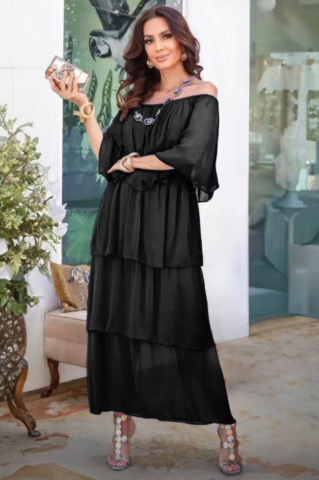 Rochie lunga suprapusa din matase si vascoza, cu trei volane mari si elastic pe umeri, neagra [2]