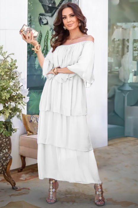 Rochie lunga suprapusa din matase si vascoza, cu trei volane mari si elastic pe umeri, alba [2]