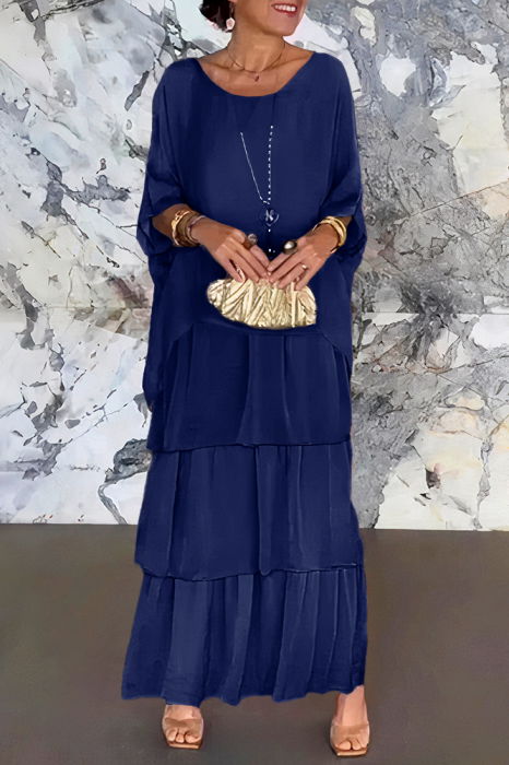 Rochie lunga suprapusa din matase si vascoza, cu trei volane mari si maneca cazuta, bleumarin