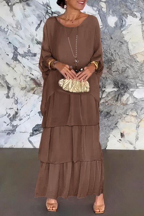 Rochie lunga suprapusa din matase si vascoza, cu trei volane mari si maneca cazuta, verde inchis [2]