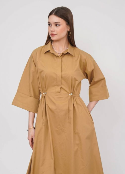 Rochie lunga tip camasa din poplin satinat de bumbac, camel [7]