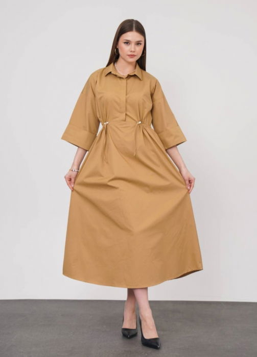 Rochie lunga tip camasa din poplin satinat de bumbac, camel [4]