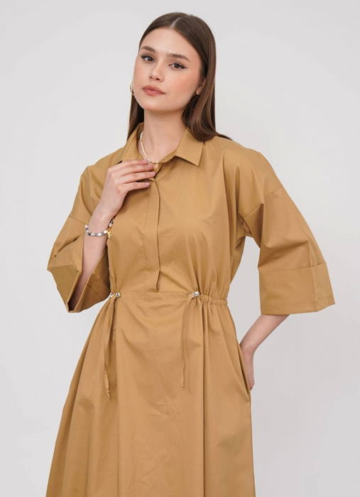 Rochie lunga tip camasa din poplin satinat de bumbac, camel [6]