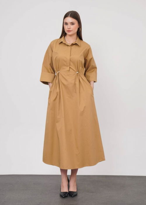 Rochie lunga tip camasa din poplin satinat de bumbac, camel [2]