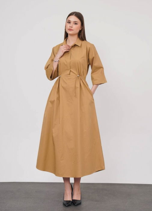 Rochie lunga tip camasa din poplin satinat de bumbac, camel [5]