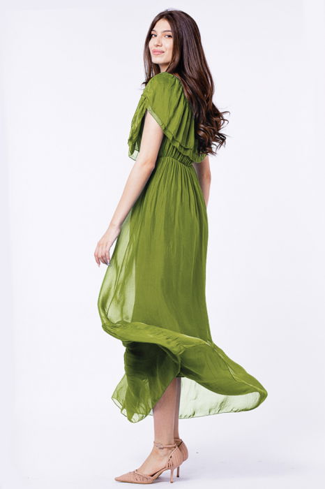 Rochie lunga, verde olive, din matase si vascoza, cu volan pe umeri [2]