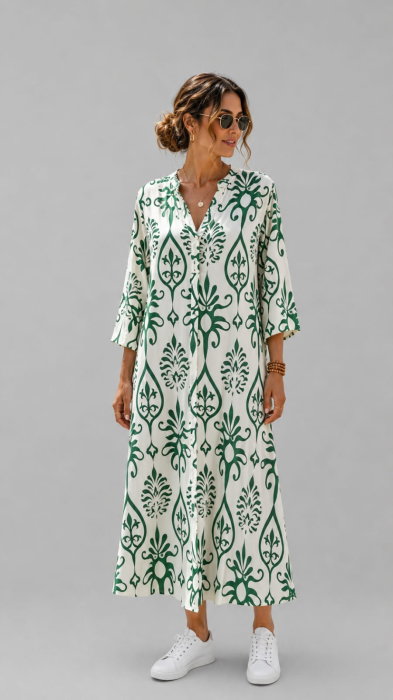Rochie lunga vaporoasa cu imprimeu mediteranean si nasturi, alb-verde