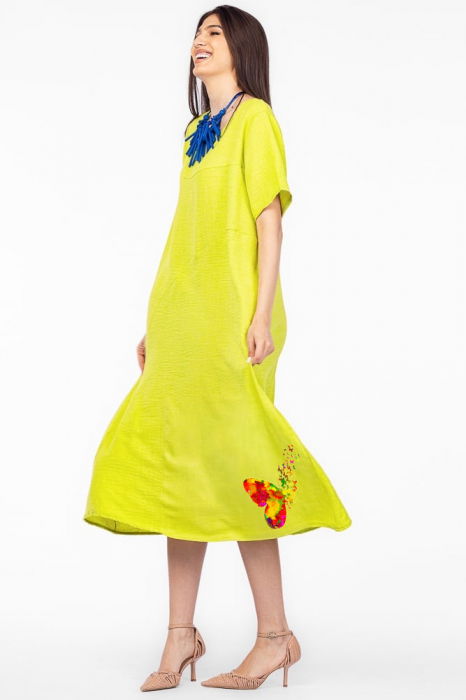 Rochie lunga verde lime din in mercerizat, marime oversize cu fluture stilizat [2]