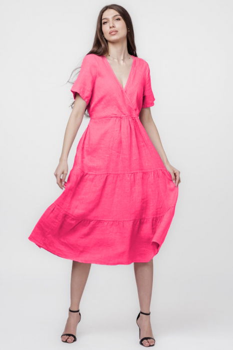 Rochie fucsia din in cu volane si bust petrecut [2]