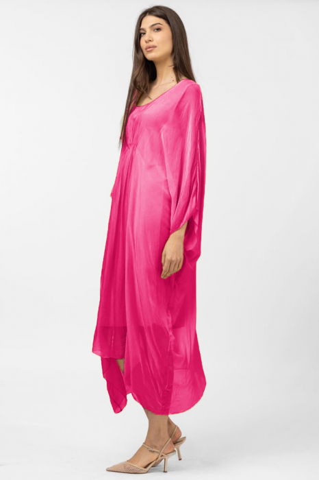 Rochie fucsia in colturi, lunga, ampla, din matase si vascoza, cu detaliu sub bust [2]