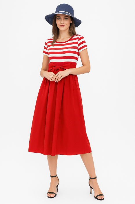 Rochie marinar din tricot cu dungi si poplin de bumbac, rosie