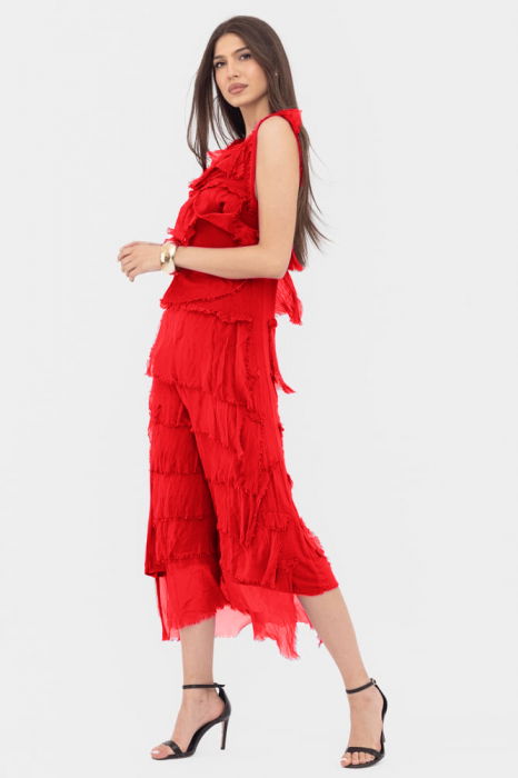Rochie rosie din matase si vascoza cu  volane franjurate suprapuse, fara maneci [2]