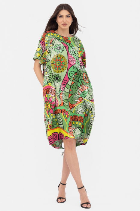 Rochie masura mare din poplin de bumbac satinat, cu siret la baza si imprimeu mandale pe fond verde [2]