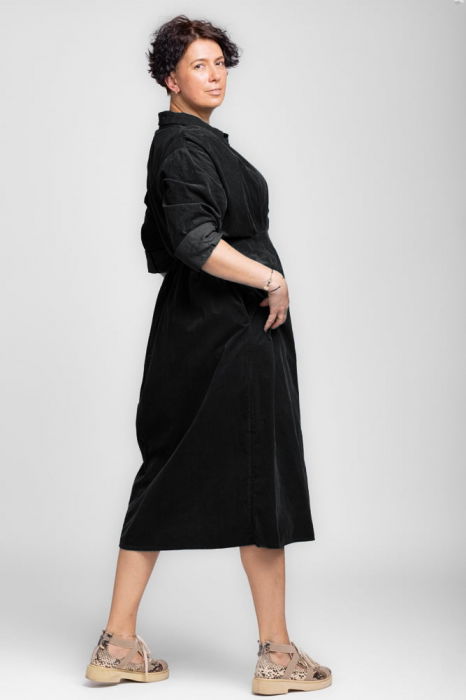 Rochie masura mare din catifea reiata taiata in talie, neagra [2]