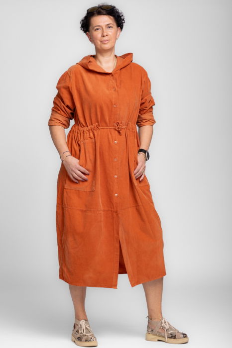 Rochie camasa din catifea reiata cu gluga si siret in talie, caramizie [2]