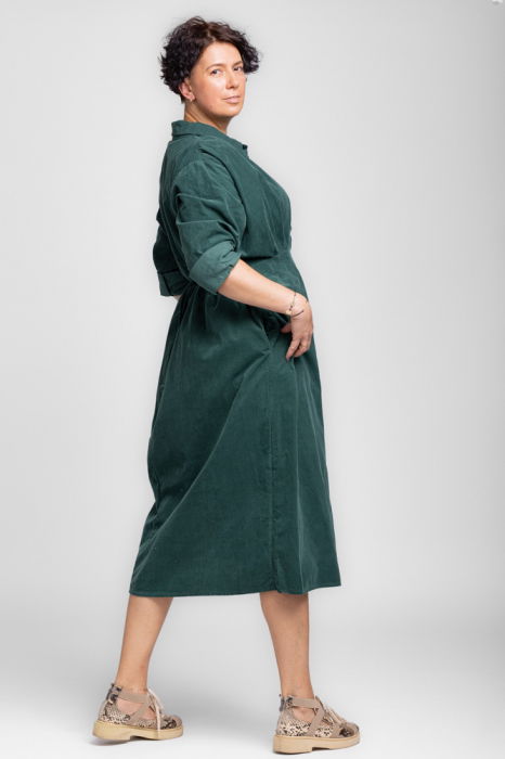 Rochie masura mare din catifea reiata taiata in talie, verde inchis [3]