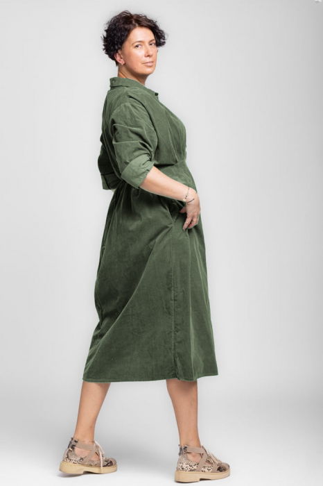 Rochie masura mare din catifea reiata taiata in talie, verde kaki [2]