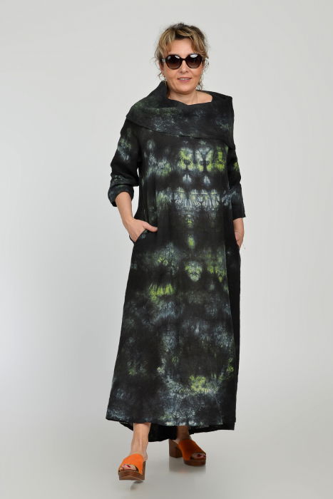 Rochie maxi,  A-line, din in, cu guler amplu, cu imprimeu boem tie-dye negru [4]