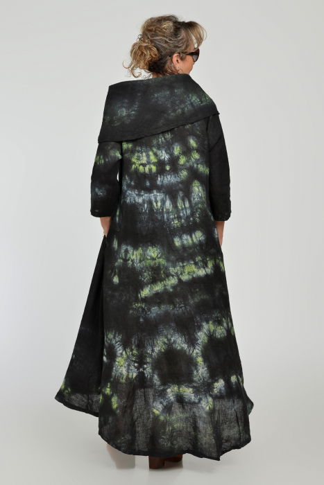 Rochie maxi,  A-line, din in, cu guler amplu, cu imprimeu boem tie-dye negru [5]