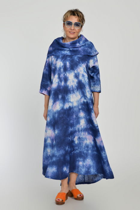 Rochie maxi,  A-line, din in, cu guler amplu, cu imprimeu boem tie-dye bleumarin [4]