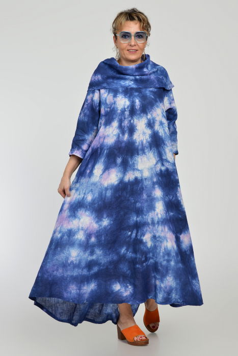 Rochie maxi,  A-line, din in, cu guler amplu, cu imprimeu boem tie-dye bleumarin [2]