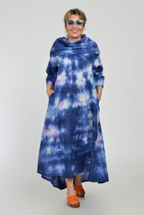 Rochie maxi,  A-line, din in, cu guler amplu, cu imprimeu boem tie-dye bleumarin [5]
