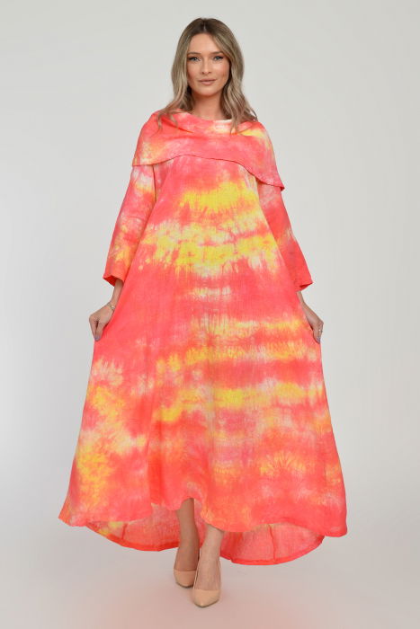 Rochie maxi,  A-line, din in, cu guler amplu, cu imprimeu boem tie-dye corai [11]
