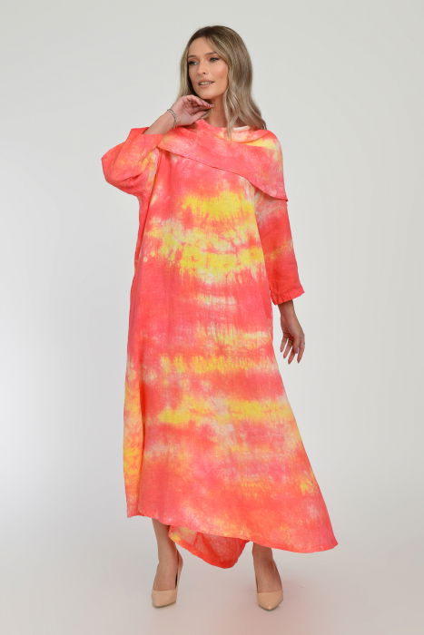 Rochie maxi,  A-line, din in, cu guler amplu, cu imprimeu boem tie-dye corai [9]