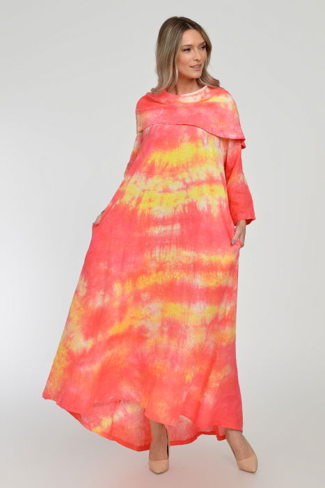 Rochie maxi,  A-line, din in, cu guler amplu, cu imprimeu boem tie-dye corai [6]