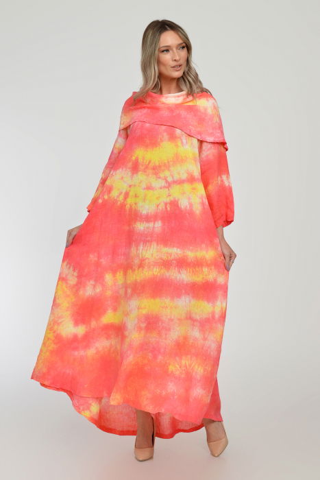 Rochie maxi,  A-line, din in, cu guler amplu, cu imprimeu boem tie-dye corai [13]