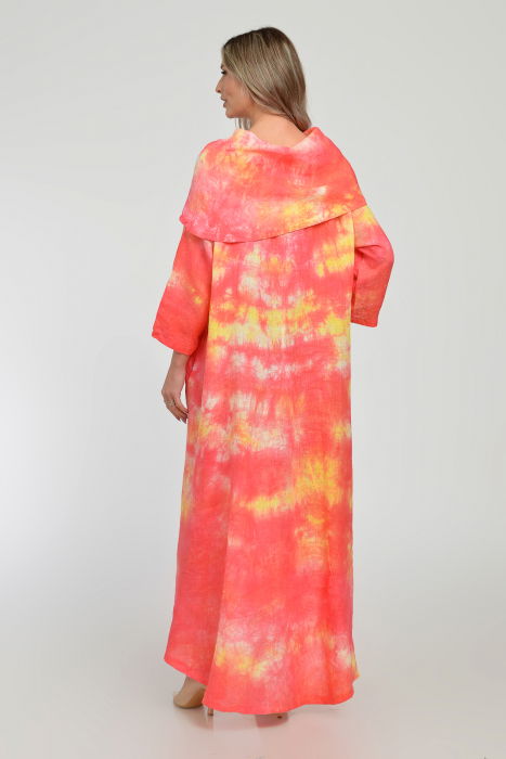 Rochie maxi,  A-line, din in, cu guler amplu, cu imprimeu boem tie-dye corai [14]