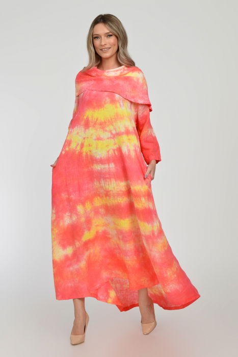 Rochie maxi,  A-line, din in, cu guler amplu, cu imprimeu boem tie-dye corai