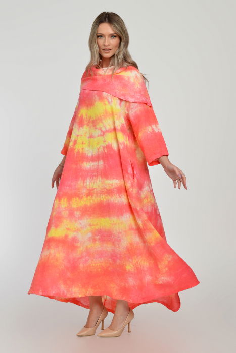 Rochie maxi,  A-line, din in, cu guler amplu, cu imprimeu boem tie-dye corai [2]
