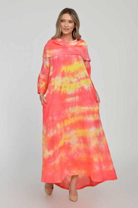 Rochie maxi,  A-line, din in, cu guler amplu, cu imprimeu boem tie-dye corai [5]