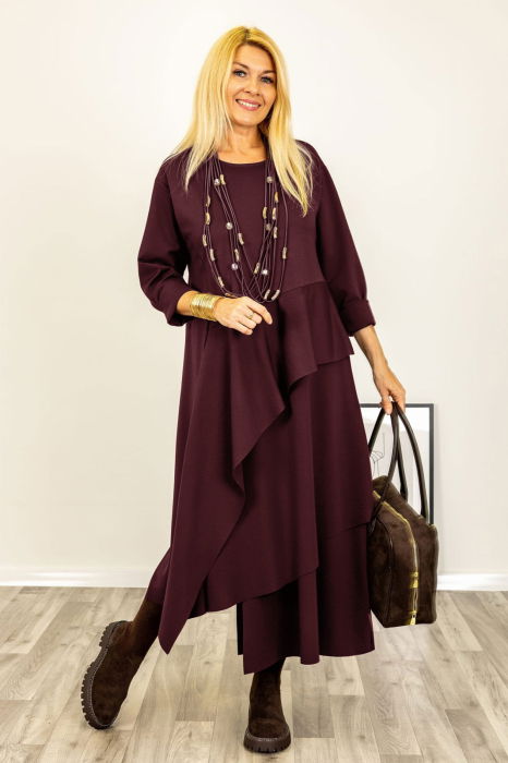 Rochie maxi asimetrica cu volane, din tricot de vascoza, bordo [2]