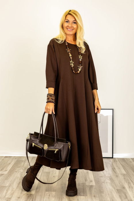 Rochie maxi in clini, cu croi evazat si cusaturi, din tricot de vascoza maro [3]