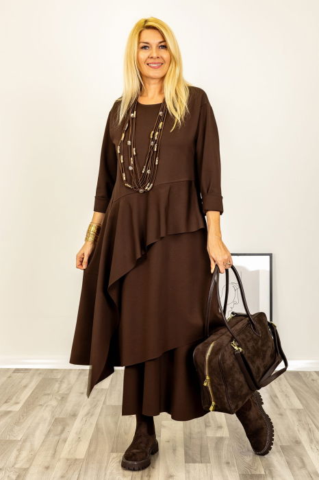 Rochie maxi asimetrica cu volane, din tricot de vascoza, maro [5]