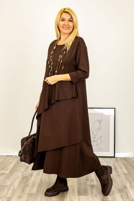 Rochie maxi asimetrica cu volane, din tricot de vascoza, maro [2]