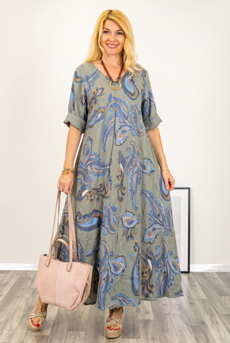 Rochie maxi din in foarte ampla cu imprimeu paisley, pe fond kaki