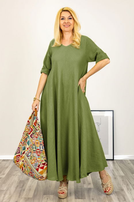 Rochie maxi din in foarte ampla verde oliv