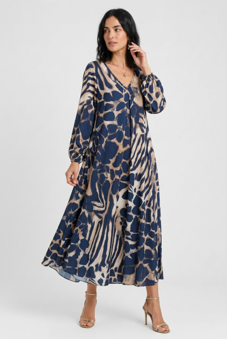 Rochie lunga din vascoza mata cu imprimeu animal print mixt, bleumarin bej