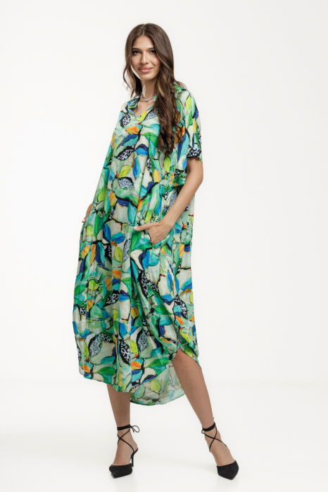 Rochie lunga lalea, vaporoasa, din vascoza cu imprimeu tropical multicolor predominant verde [1]