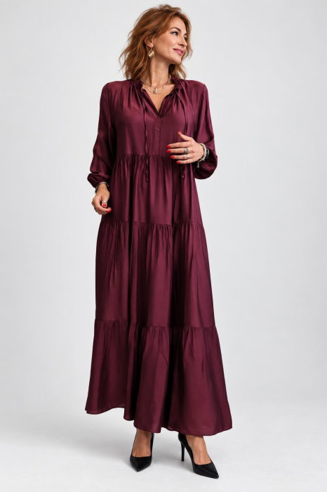 Rochie maxi satinata din matase si vascoza cu volane si croi amplu, bordo