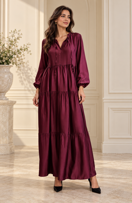 Rochie maxi satinata din matase si vascoza cu volane si croi amplu, bordo
