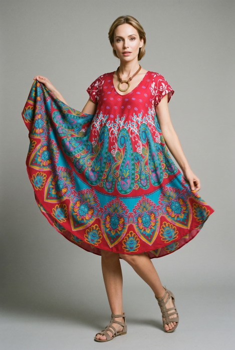 Rochie midi A-line cu imprimeu paisley, pe fond fucsia