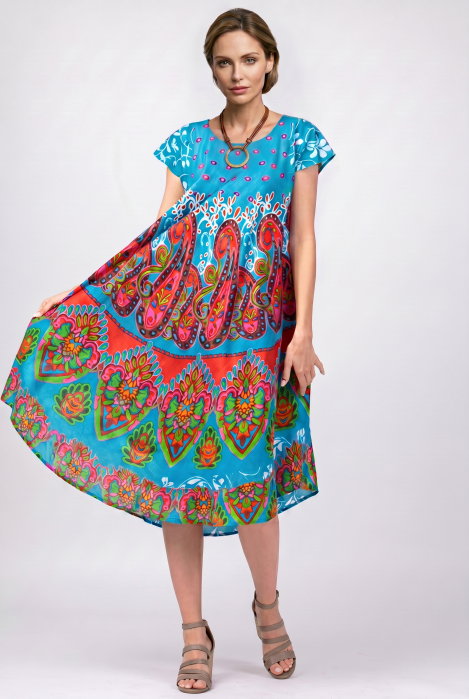 Rochie midi A-line cu imprimeu paisley, pe fond turcoaz