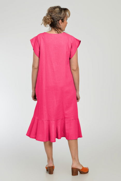 Rochie midi A-line din in mercerizat cu buzunare si volan, fucsia [3]